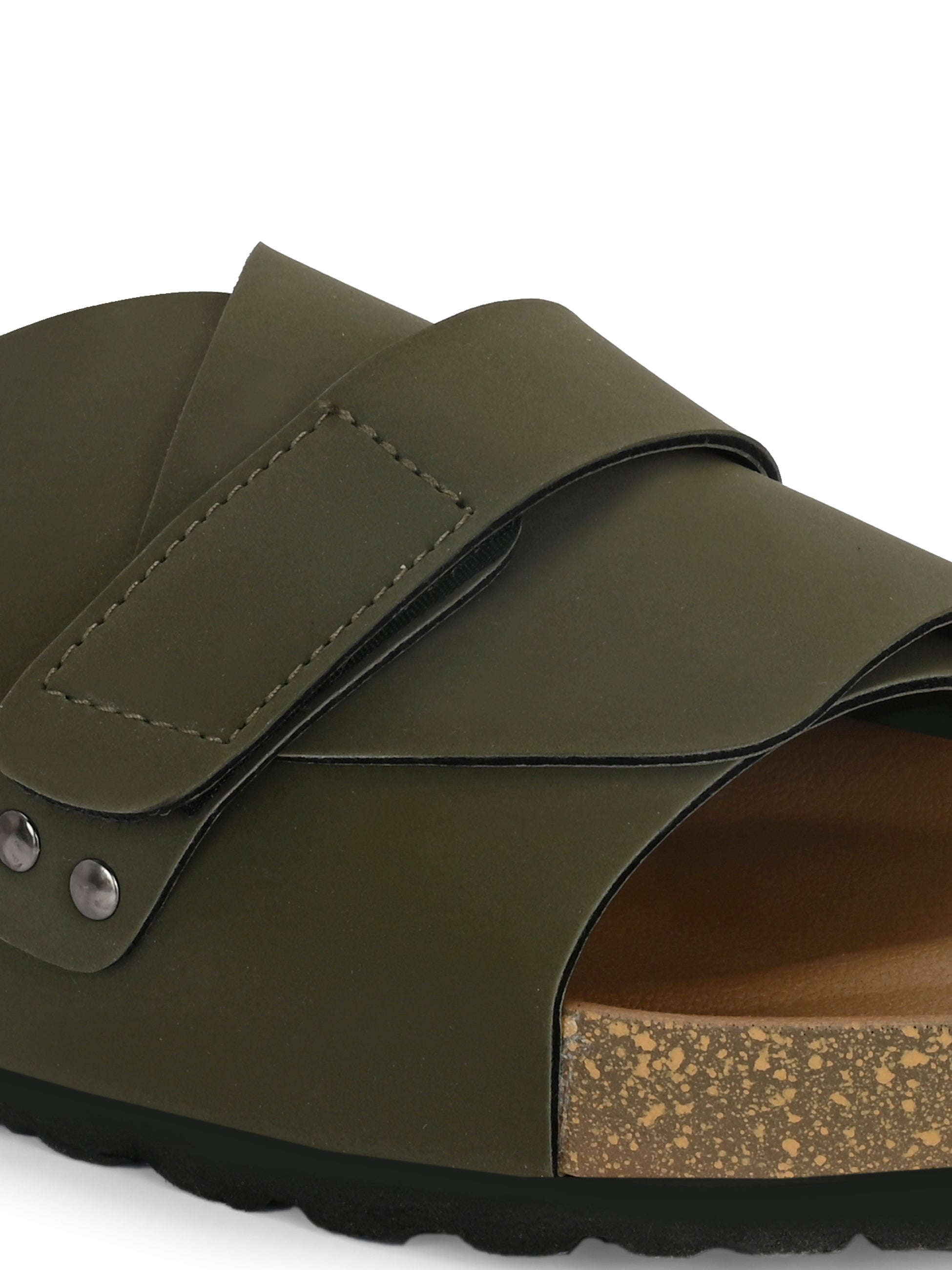 Olive Men's casual flat heel strap sandal with slip-on closure