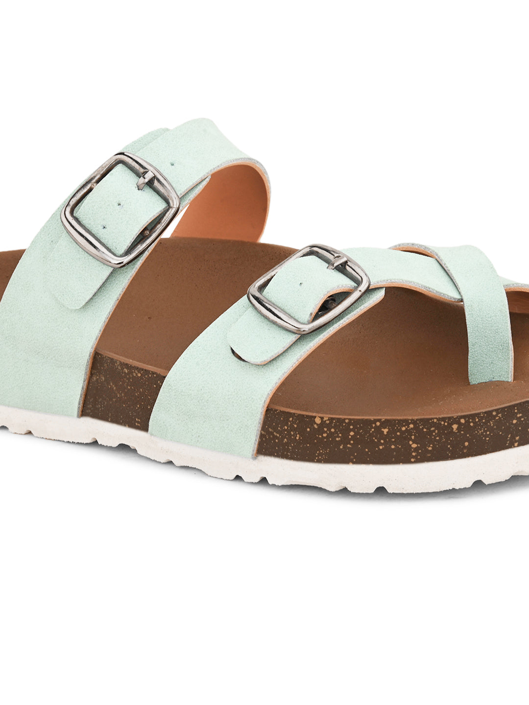 Blue cork-sole sandal with two adjustable straps featuring silver buckles and a casual slip-on design.