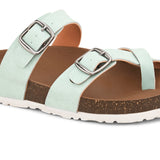 Blue cork-sole sandal with two adjustable straps featuring silver buckles and a casual slip-on design.
