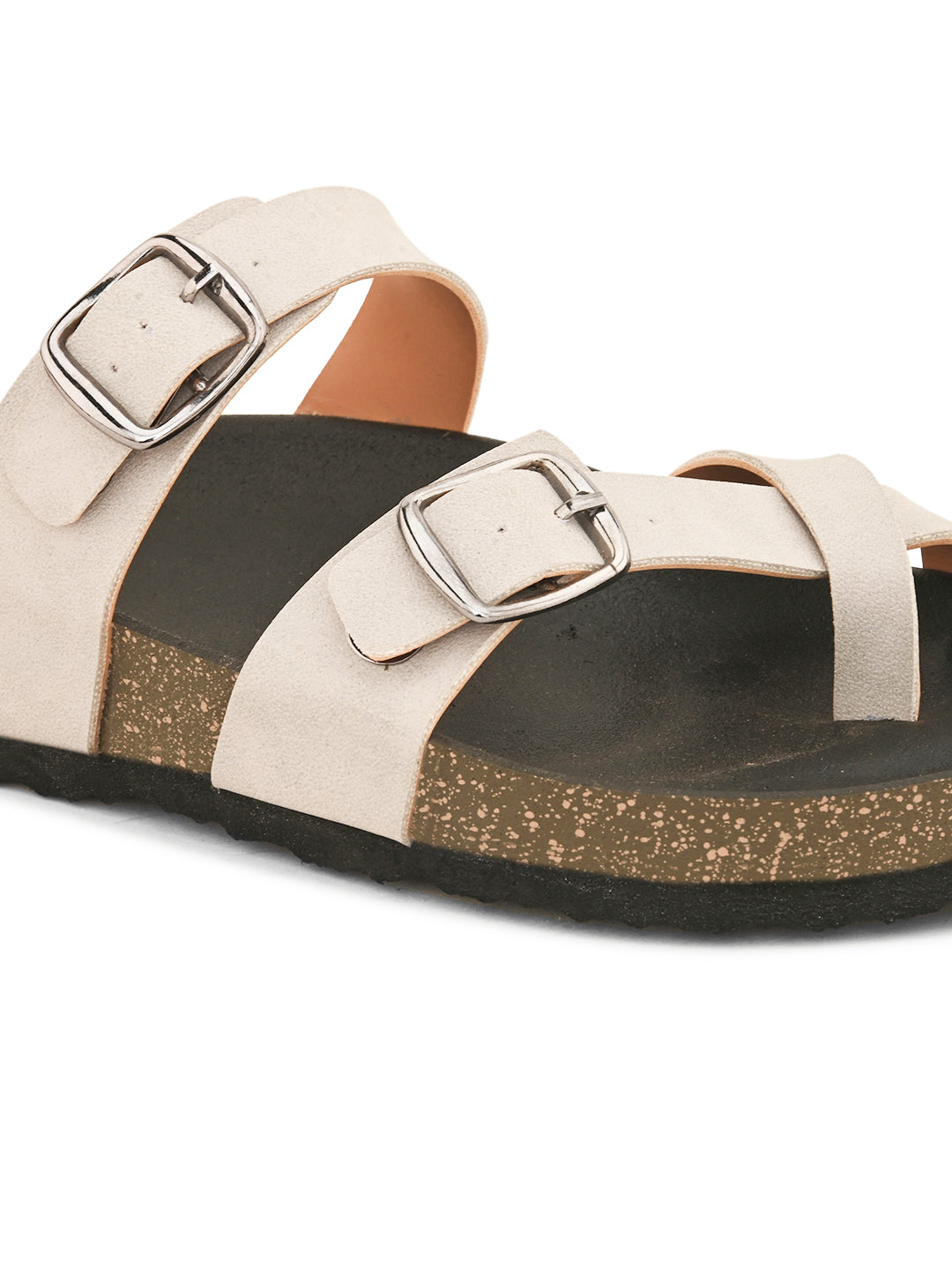 Pink cork-sole sandal with two adjustable straps featuring silver buckles and a casual slip-on design.