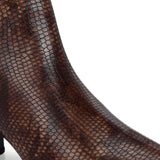 brown textured ankle boots with a sleek snakeskin pattern and a block heel design