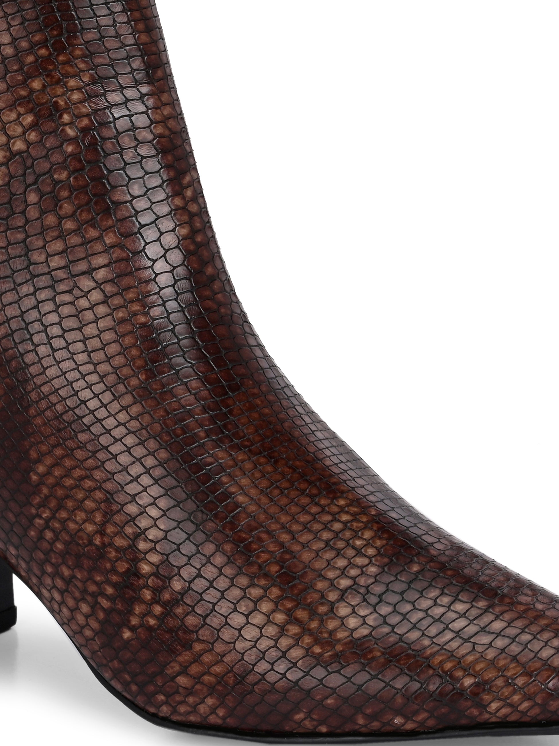 brown textured ankle boots with a sleek snakeskin pattern and a block heel design