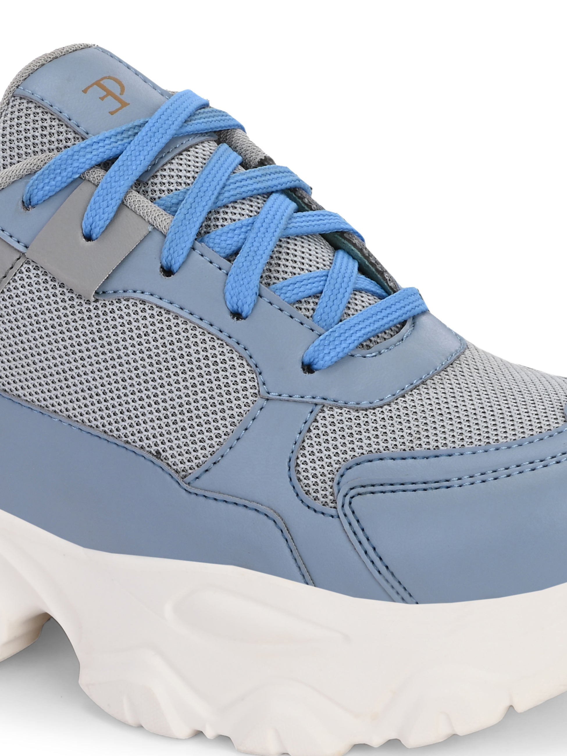 A chunky sneaker with a gray mesh upper, blue leather panels, blue laces, and a thick white sole.