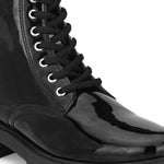 Shiny Black Lace-Up Block Heel Boots