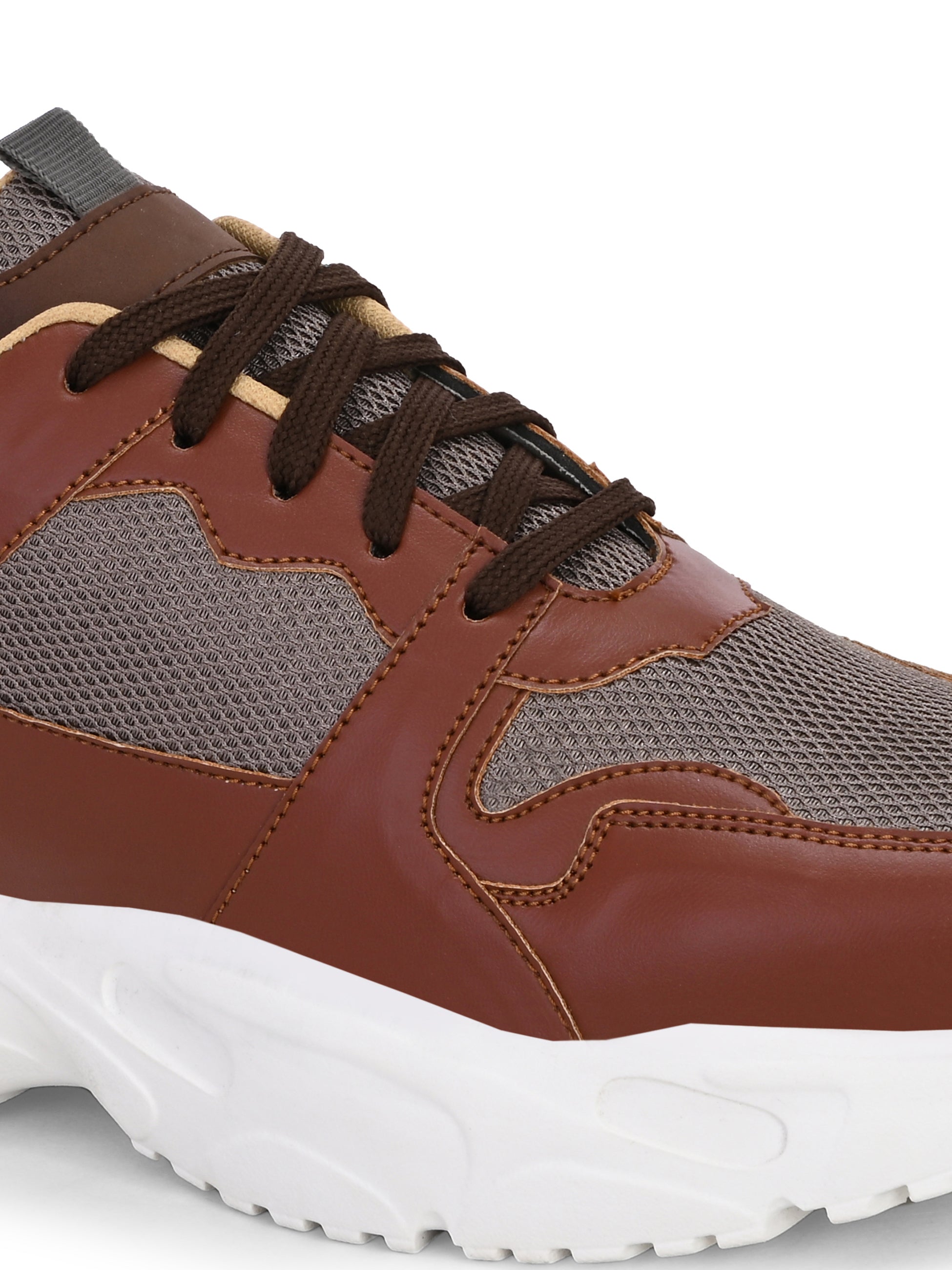 Men's brown and grey mesh sneakers with a chunky white sole.
