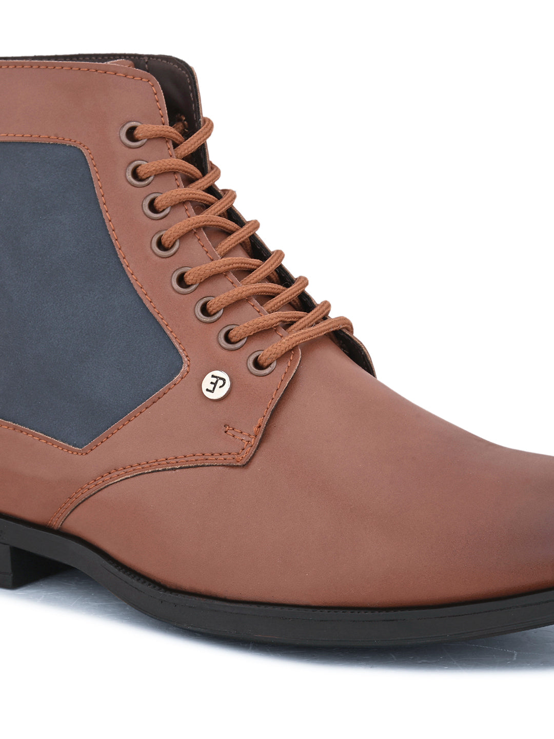 Brown and navy leather lace-up boots