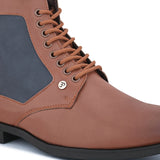 Brown and navy leather lace-up boots