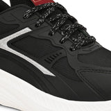 A black and white sneaker with a simple design.