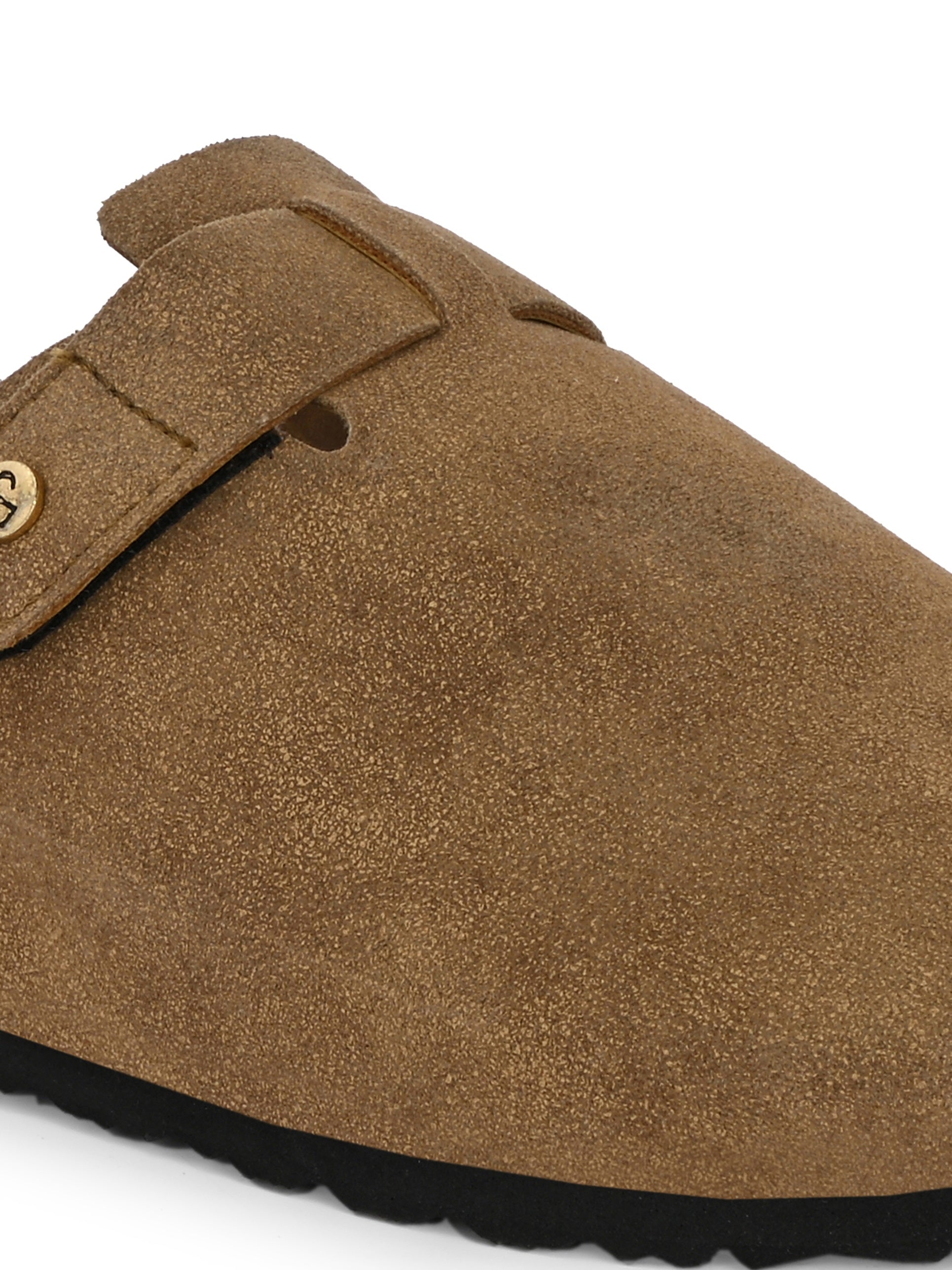 Olive suede slip-on clog with a black rubber sole and adjustable strap.