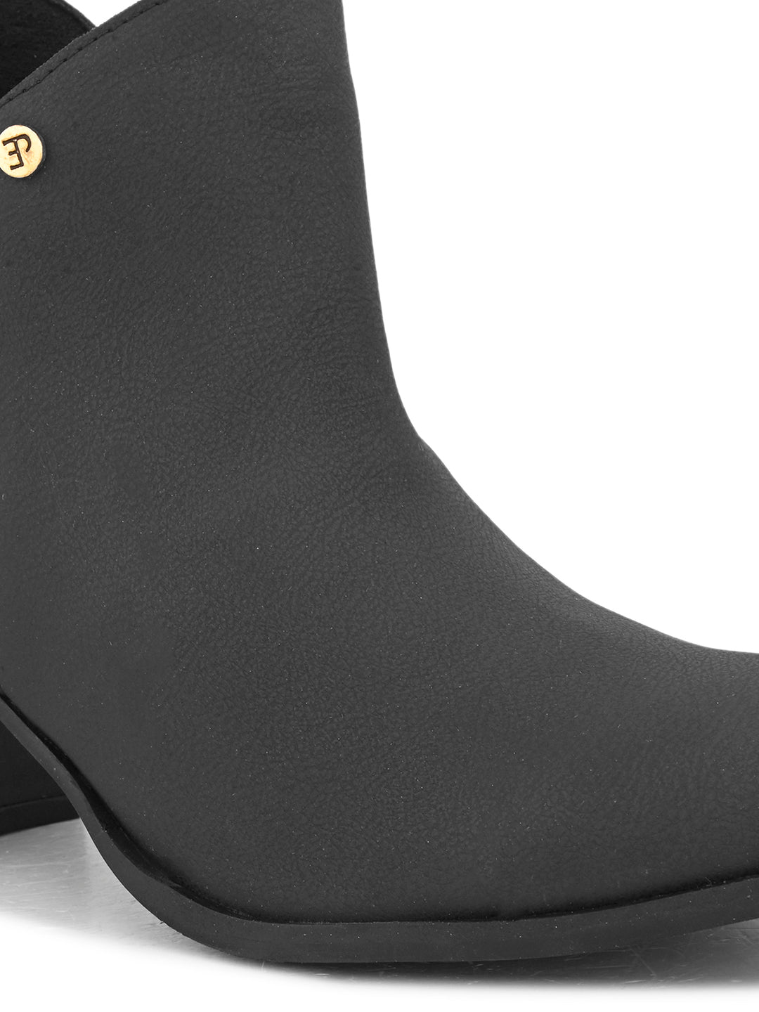 Black ankle boots with a block heel and a sleek gold accent.