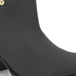 Black ankle boots with a block heel and a sleek gold accent.