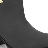 Black ankle boots with a block heel and a sleek gold accent.