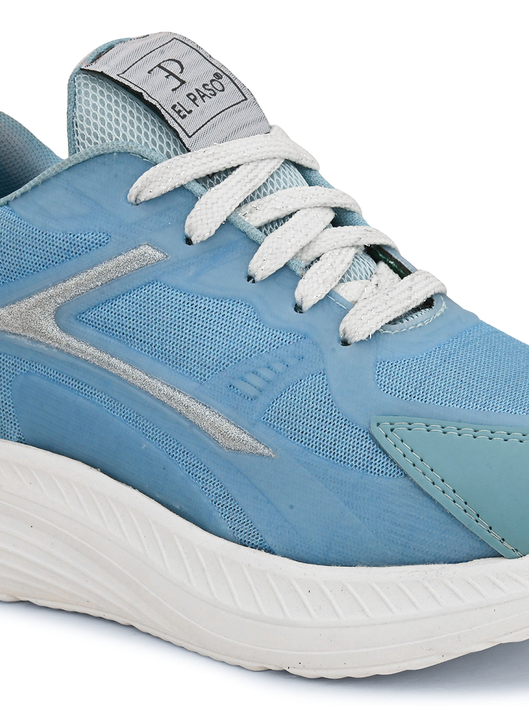 A blue and white sneaker with a simple design.