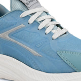 A blue and white sneaker with a simple design.