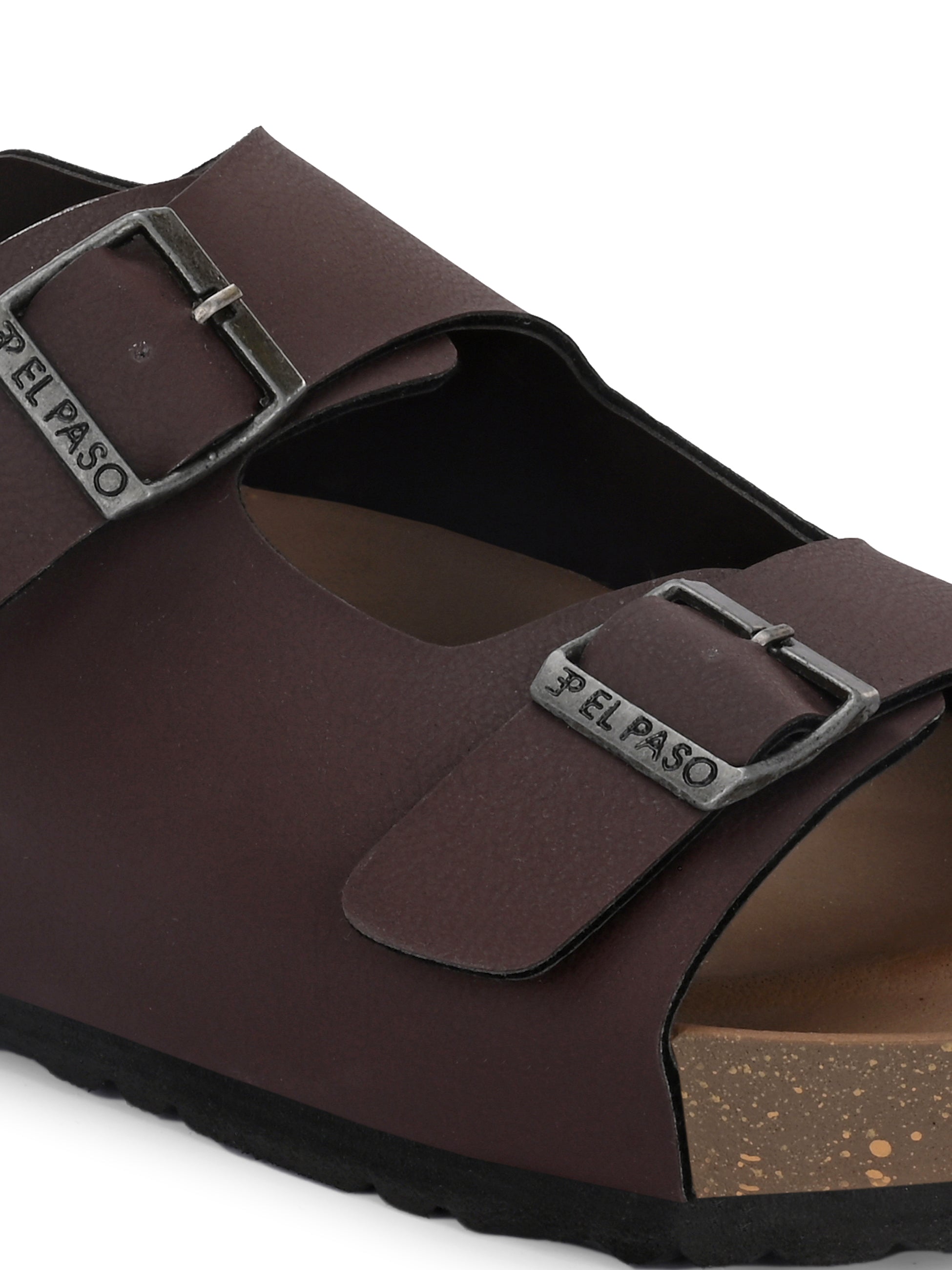 Brown Men's casual flat heel buckle strap sandal with back strap closure