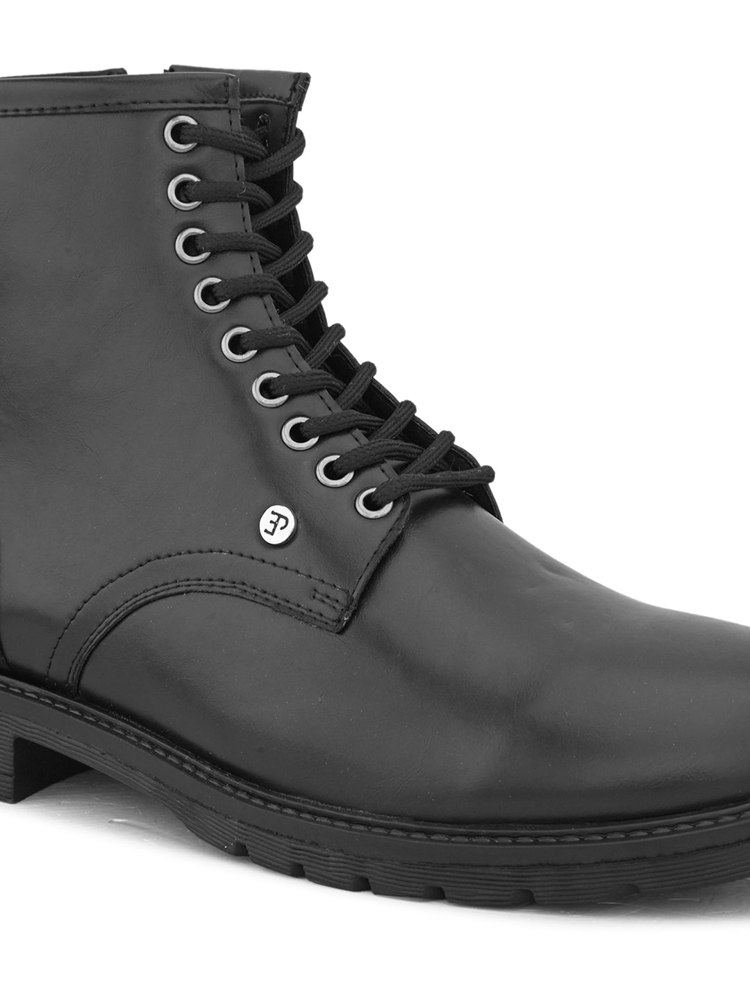 A sleek black patent leather Chelsea lace-up boot with a side zipper, pull-tab at the back, and a low block heel.