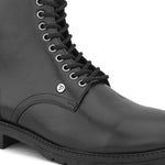 A sleek black patent leather Chelsea lace-up boot with a side zipper, pull-tab at the back, and a low block heel.