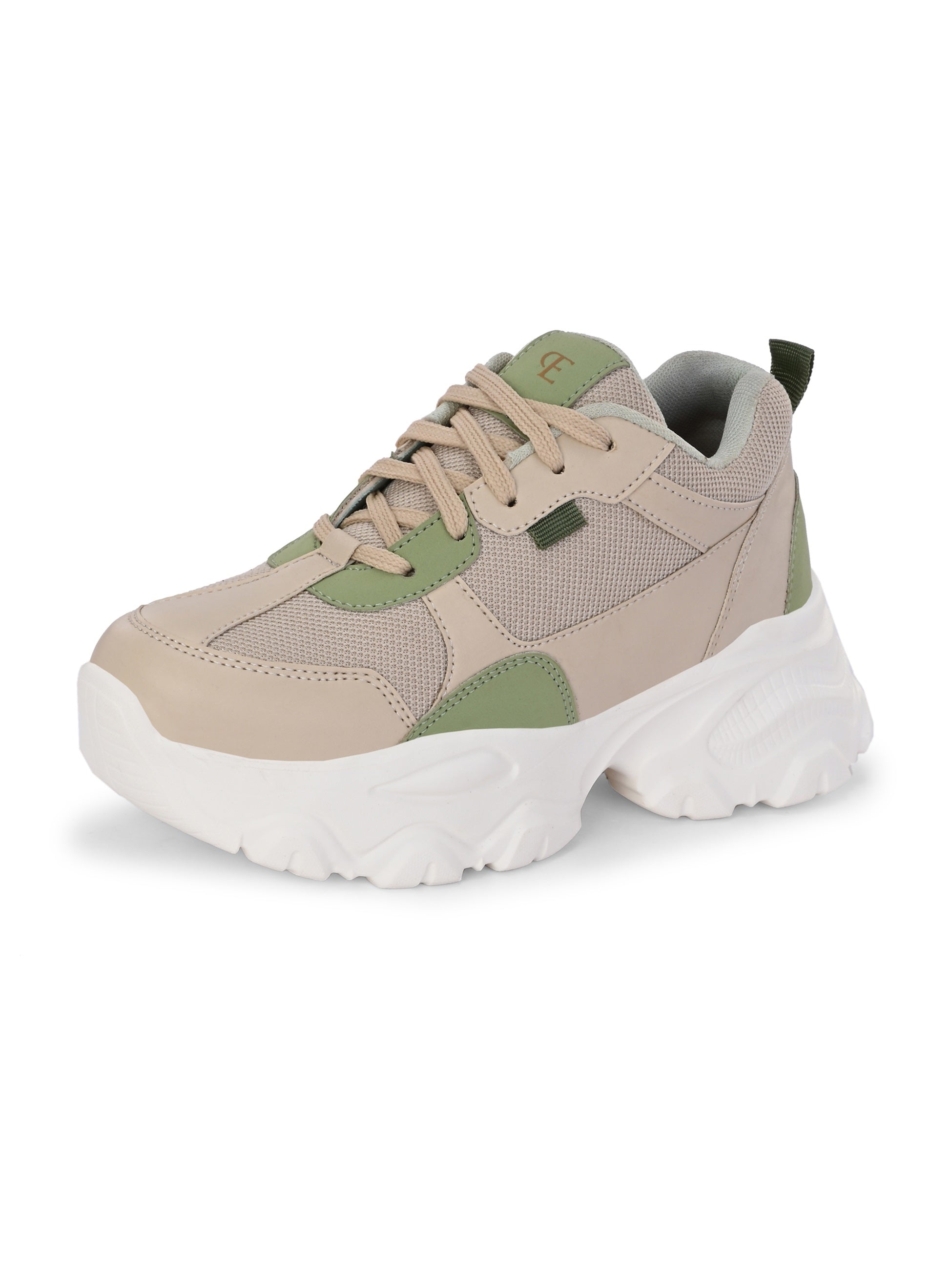 Beige and green chunky sneaker with a textured sole and modern design