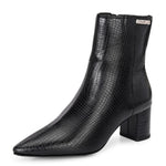 Black textured ankle boots with a sleek snakeskin pattern and a block heel design