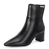 Black textured ankle boots with a sleek snakeskin pattern and a block heel design