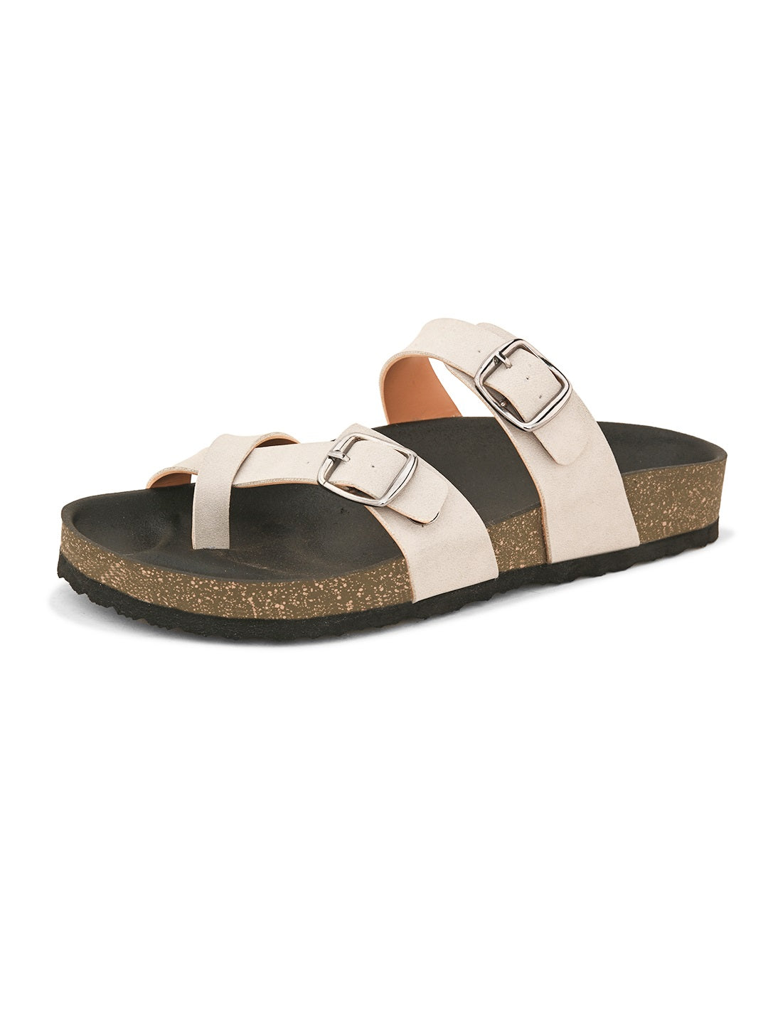 Pink cork-sole sandal with two adjustable straps featuring silver buckles and a casual slip-on design.