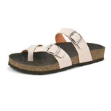 Pink cork-sole sandal with two adjustable straps featuring silver buckles and a casual slip-on design.