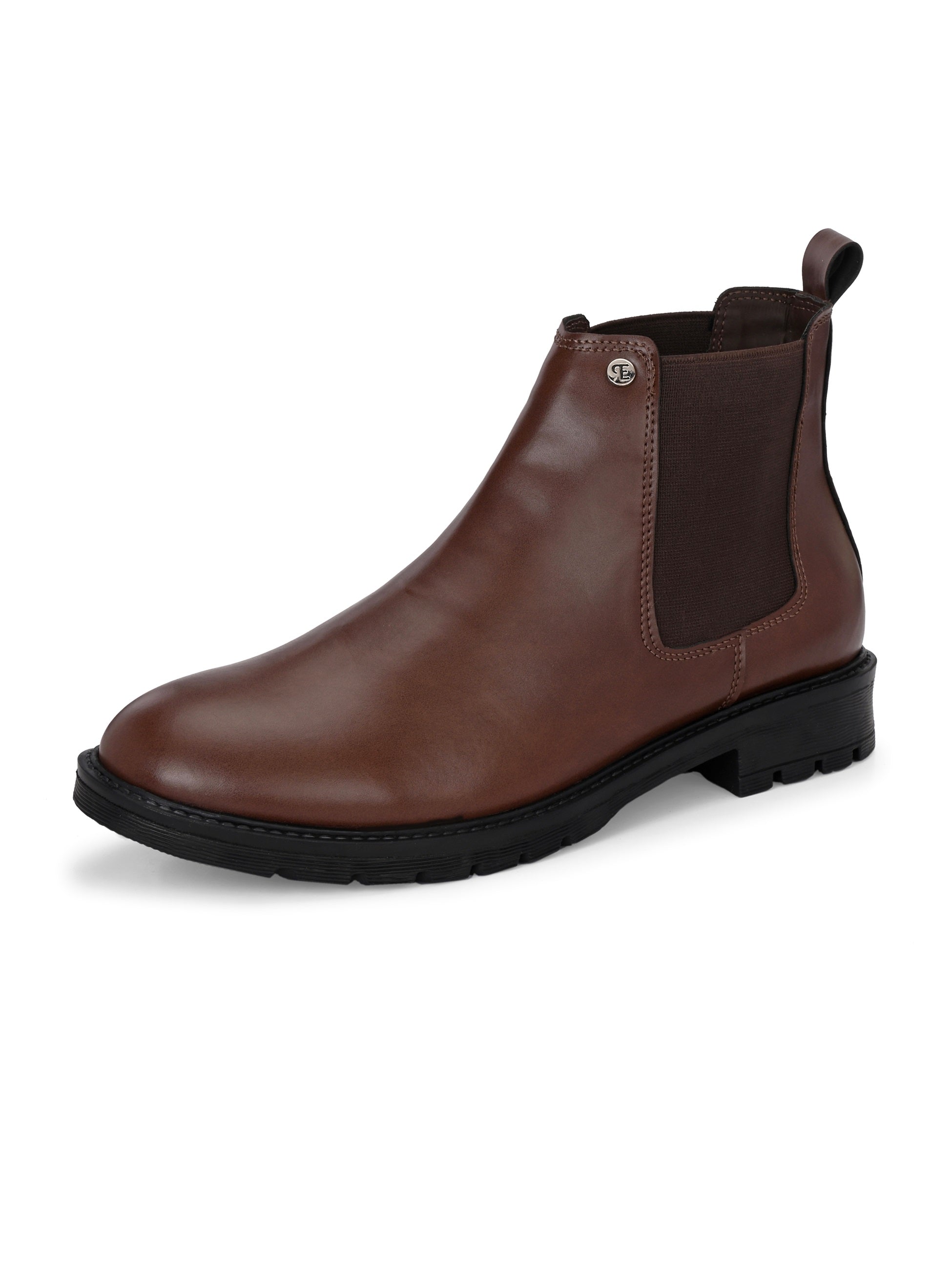 Brown Chelsea boots with elastic side panels, a pull-tab at the heel, rounded toe, and a small metallic brand logo near the ankle.