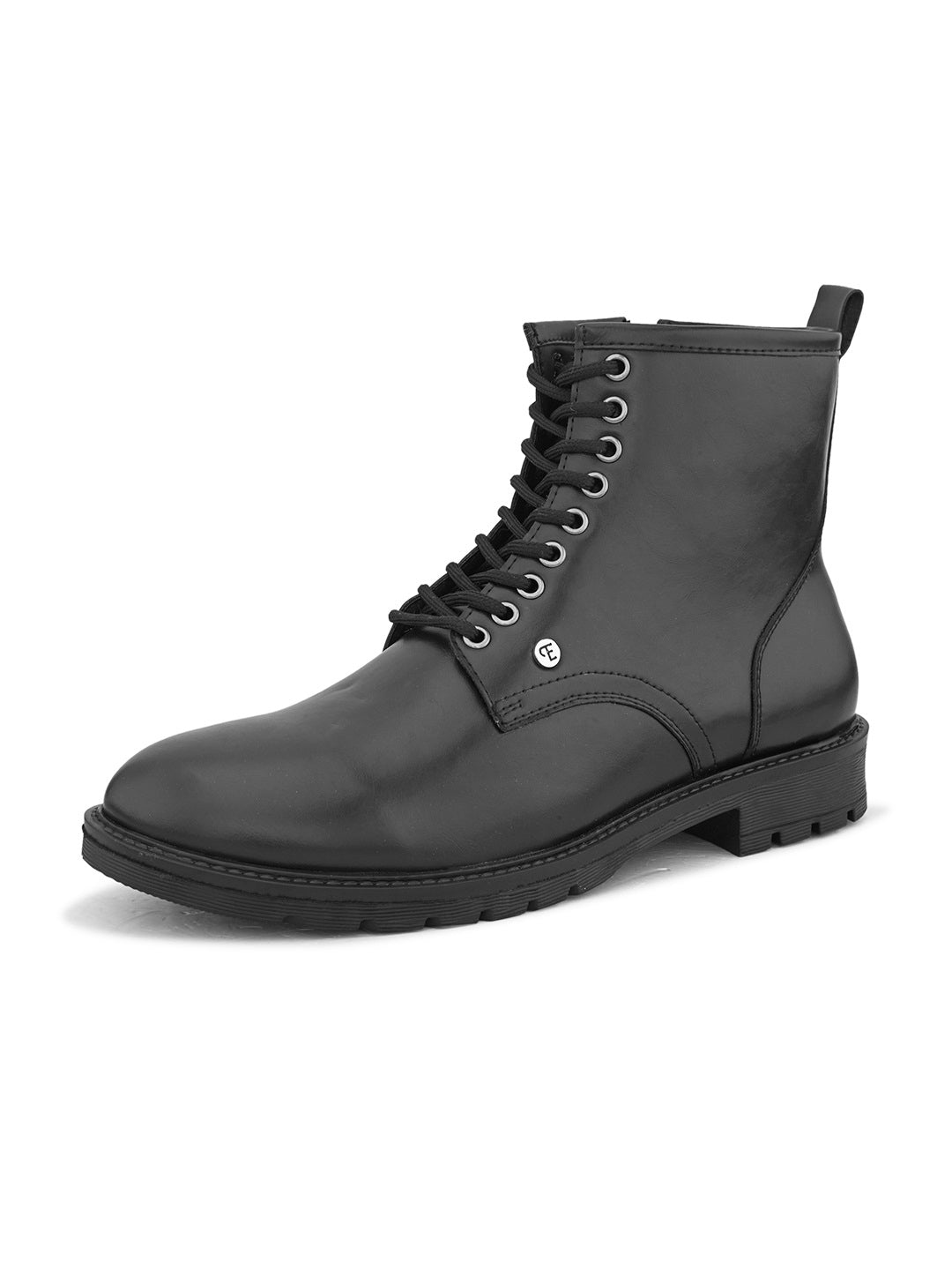 A sleek black patent leather Chelsea lace-up boot with a side zipper, pull-tab at the back, and a low block heel.