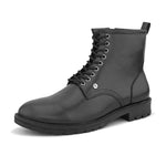 A sleek black patent leather Chelsea lace-up boot with a side zipper, pull-tab at the back, and a low block heel.