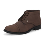 Faux leather casual boots with a cap toe, sleek design, metal eyelets, and a small brand logo near the ankle.