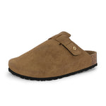 Olive suede slip-on clog with a black rubber sole and adjustable strap.