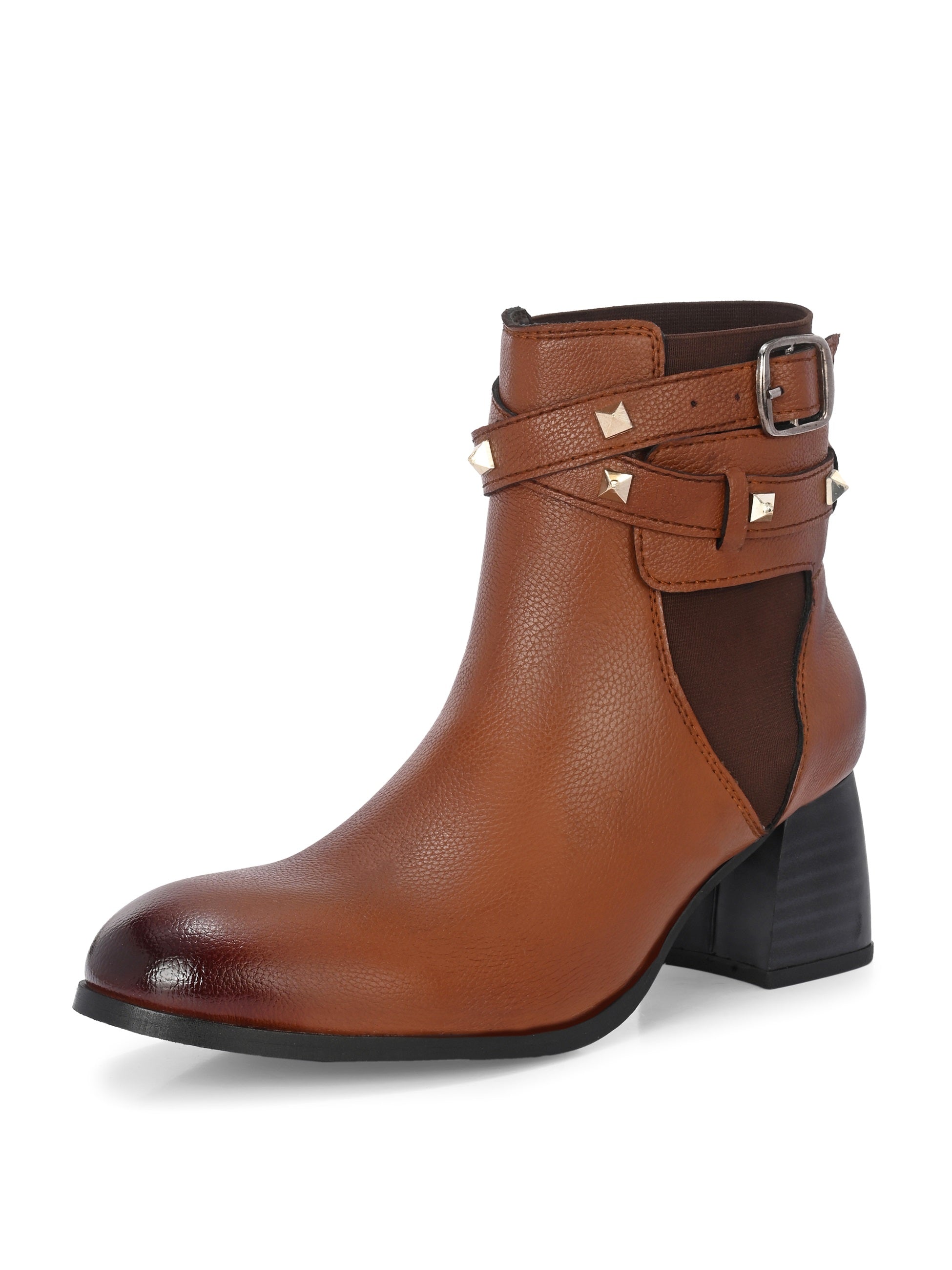 Brown leather ankle boots with studded straps and a buckle design.