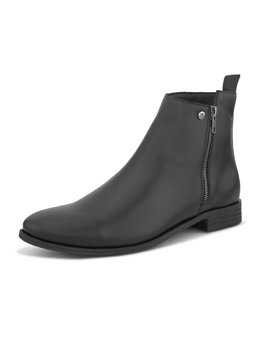 A sleek black leather Chelsea boot with a side zipper, pull-tab at the back, and a low block heel.
