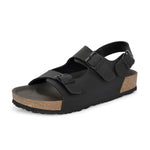 Black Men's casual flat heel buckle strap sandal with back strap closure