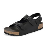 Black Men's casual flat heel buckle strap sandal with back strap closure