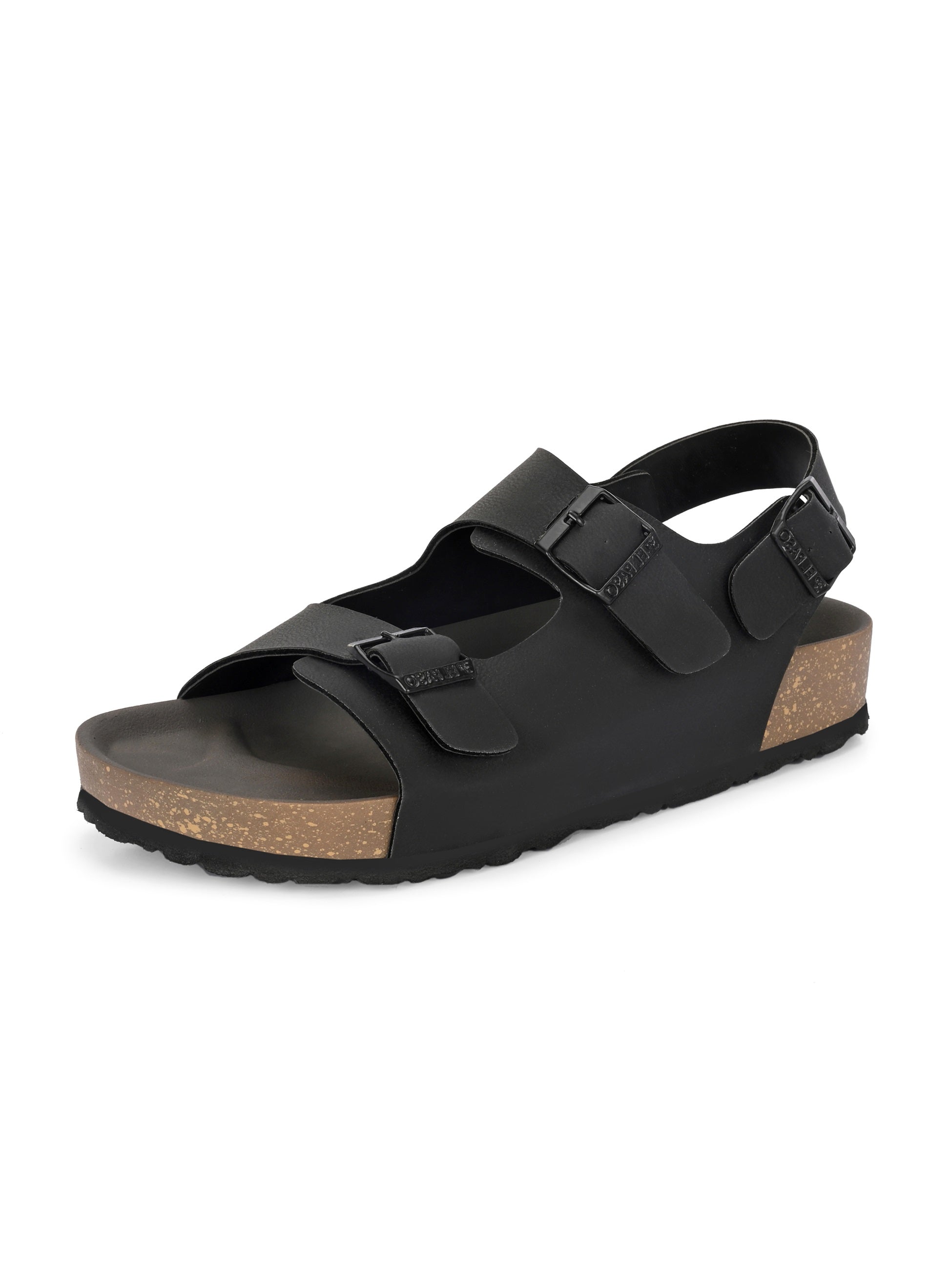 Black Men's casual flat heel buckle strap sandal with back strap closure