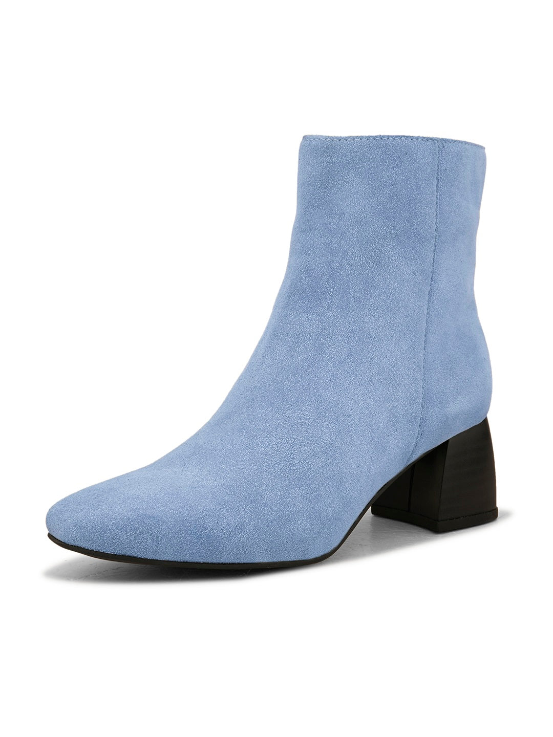 Light blue suede ankle boots with a sleek design and block heel.