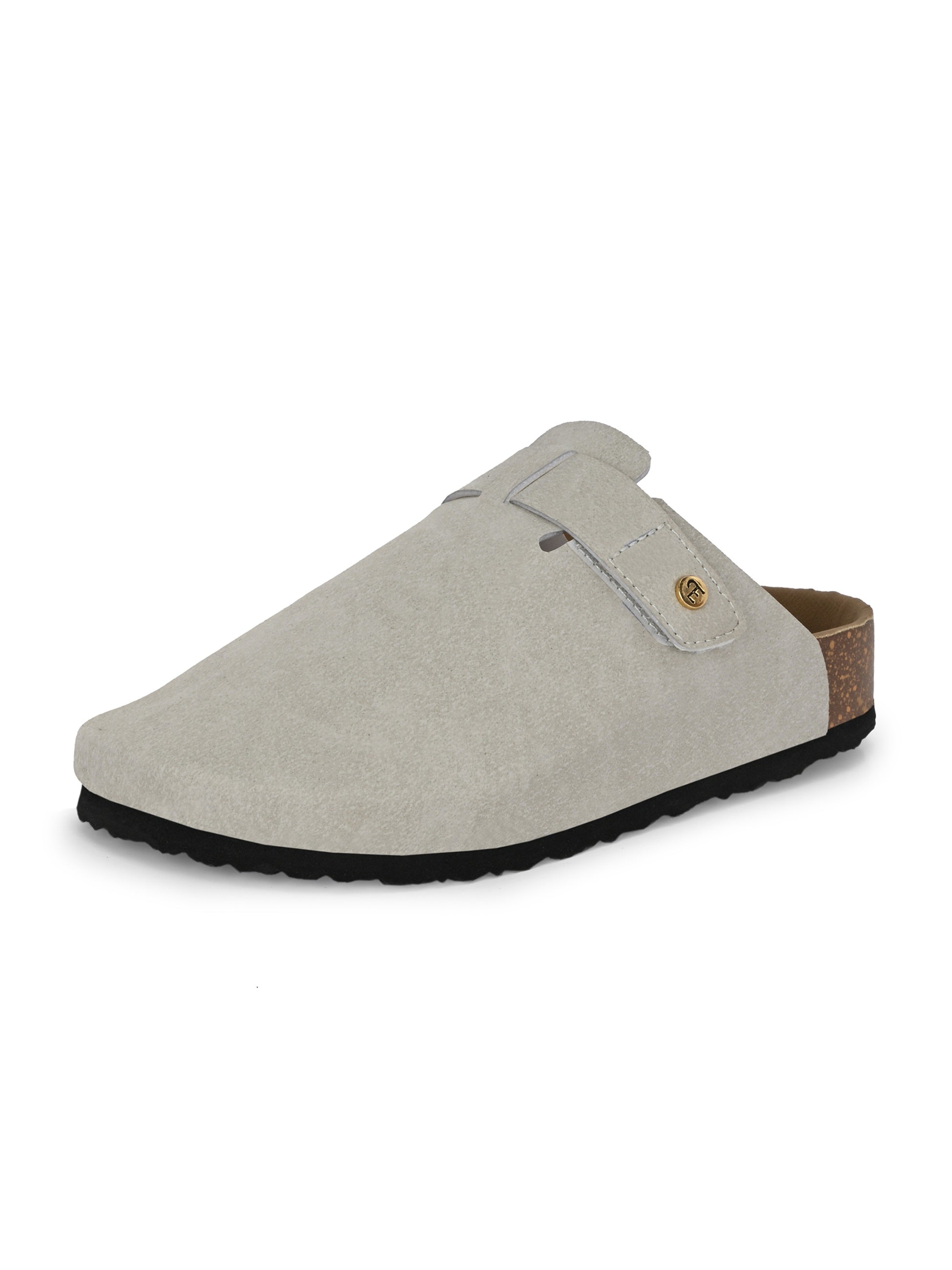 Nude suede slip-on clog with a black rubber sole and adjustable strap.