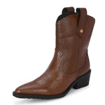 Tan ankle boots with intricate decorative stitching, featuring a slip-on design.