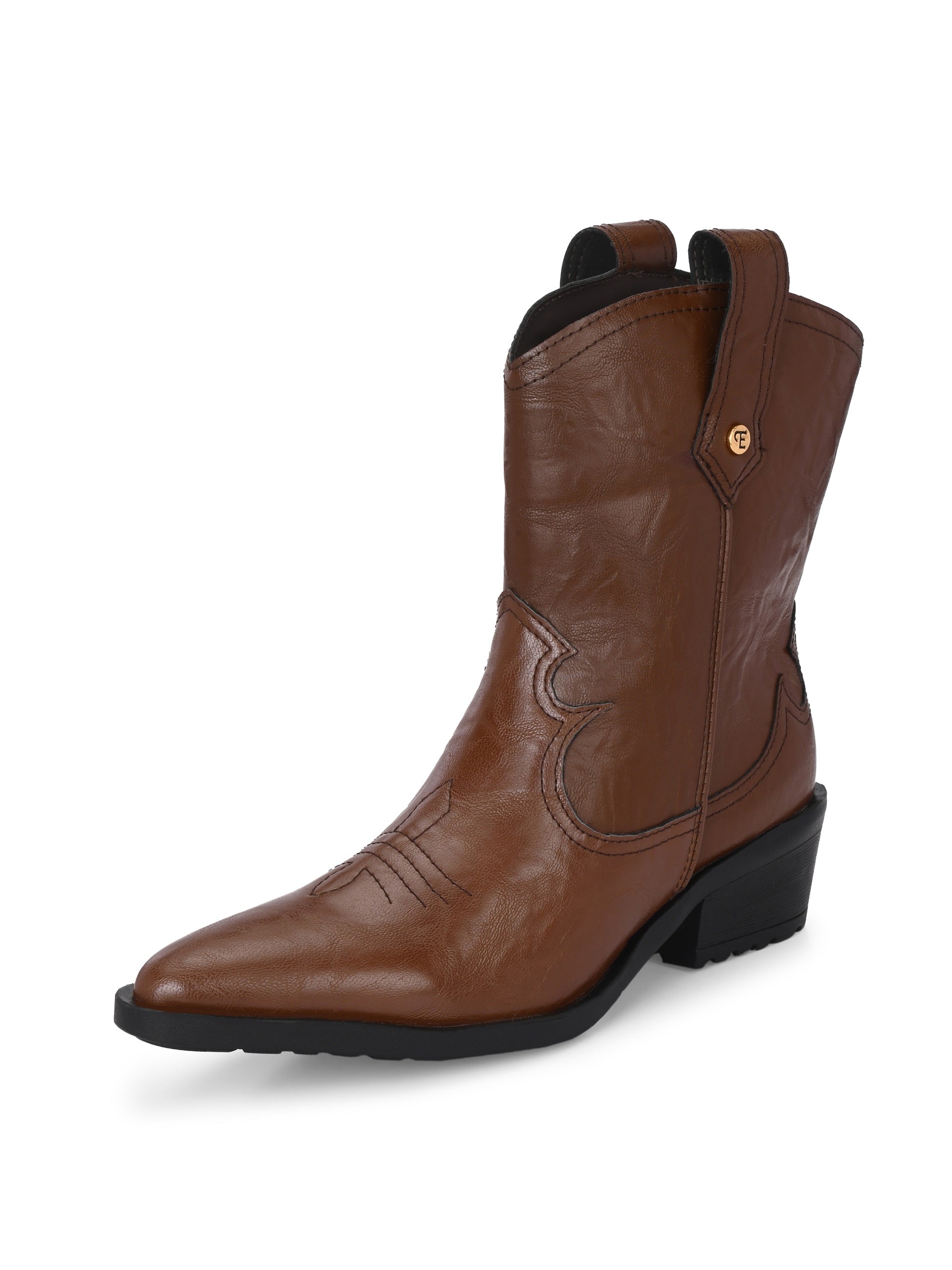 Tan ankle boots with intricate decorative stitching, featuring a slip-on design.