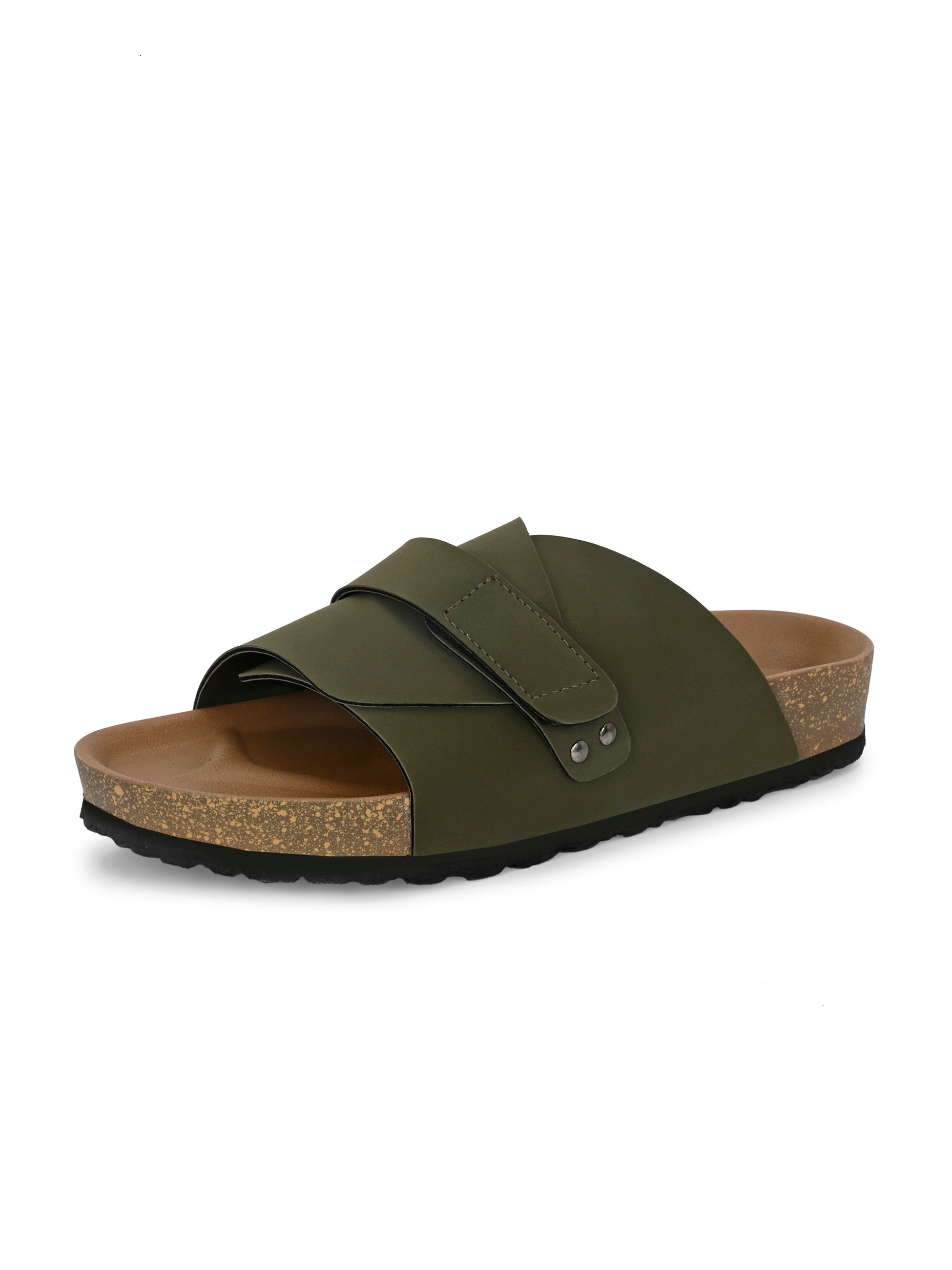 Olive Men's casual flat heel strap sandal with slip-on closure