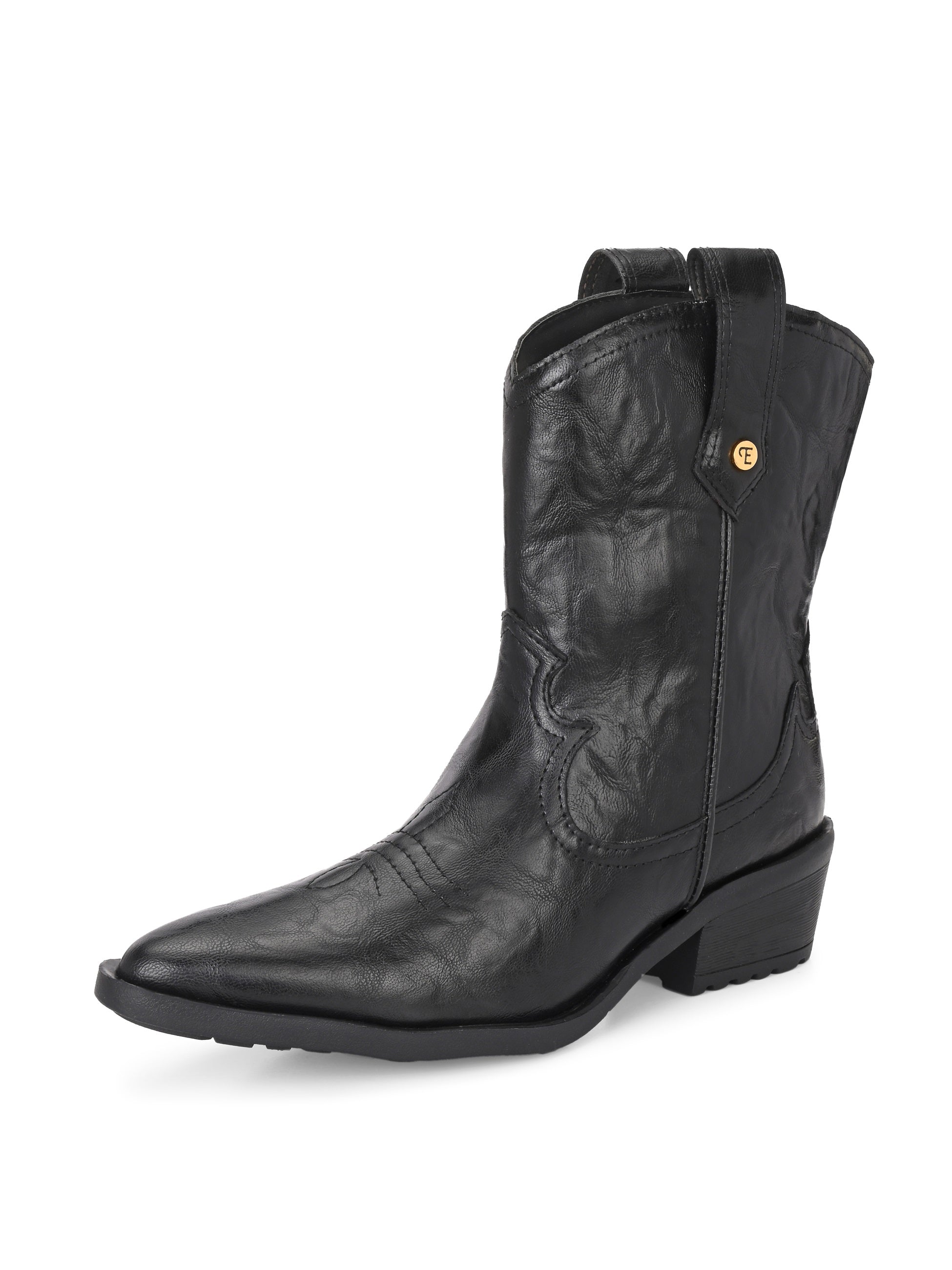 Black cowboy-style ankle boot with decorative stitching
