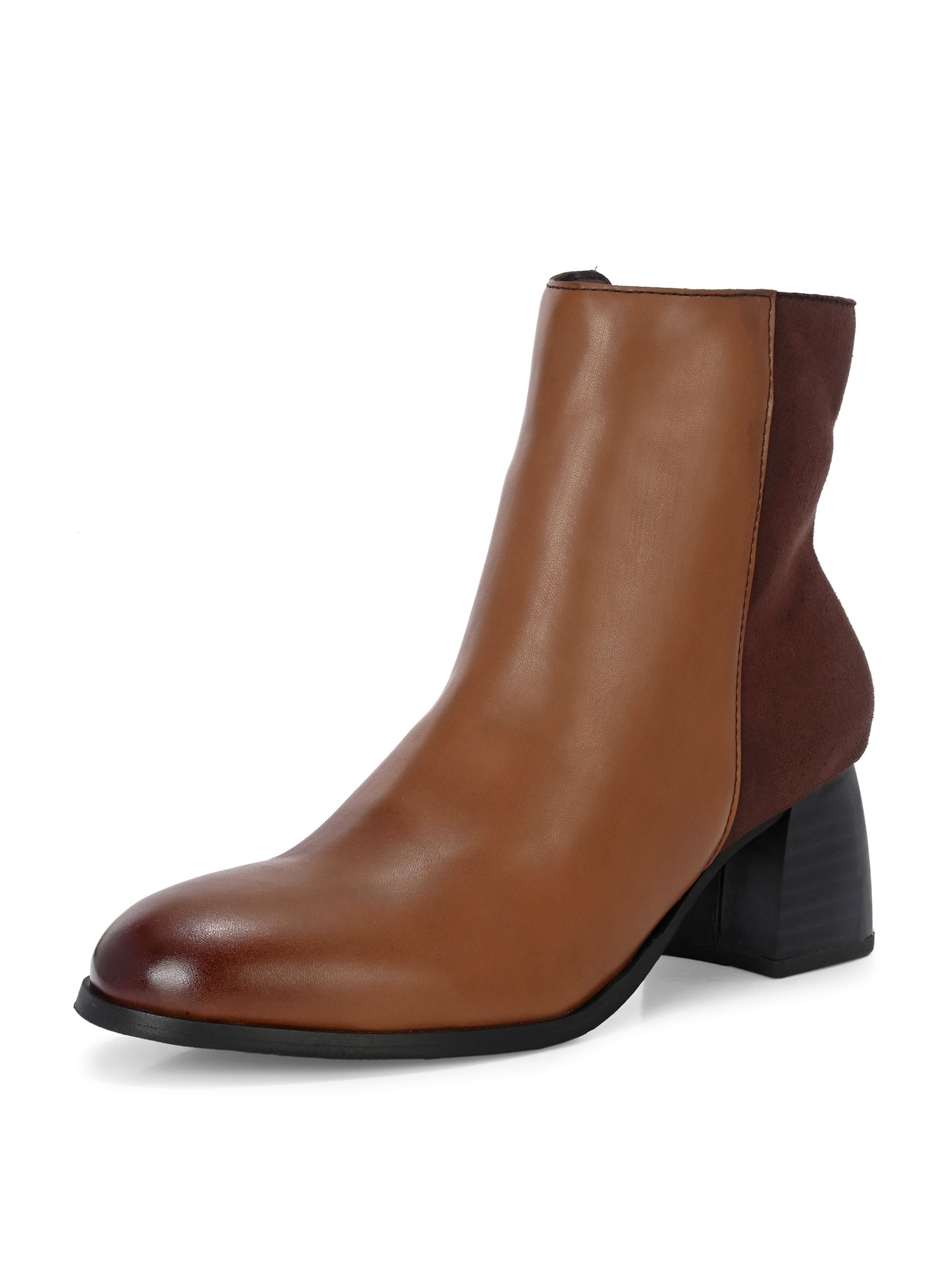 women black zip ankle length boots with a smooth leather front, suede back, block heel, pointed toe