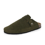 Olive suede slip-on clog with a black rubber sole and adjustable strap.