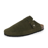 Olive suede slip-on clog with a black rubber sole and adjustable strap.
