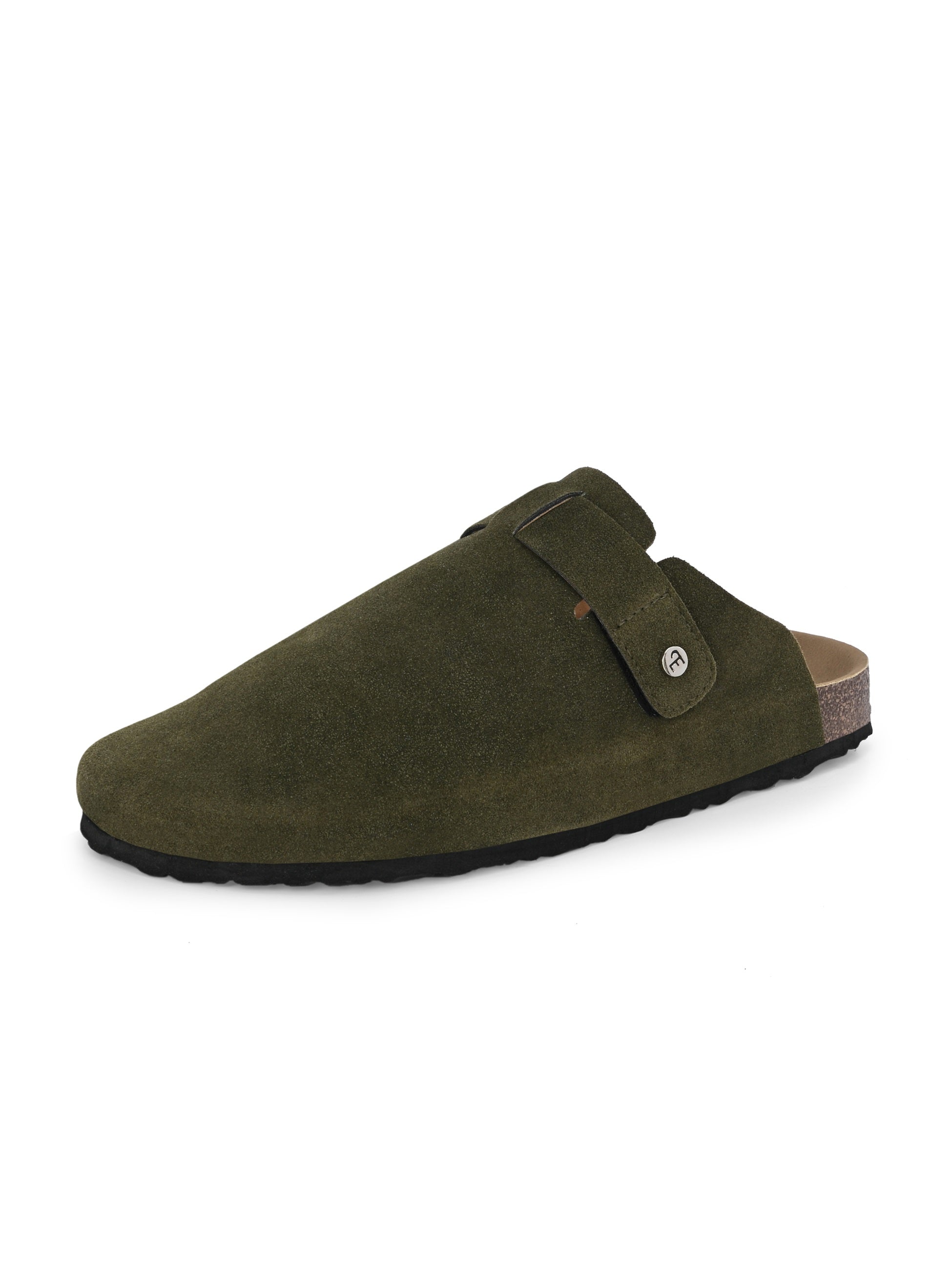 Olive suede slip-on clog with a black rubber sole and adjustable strap.