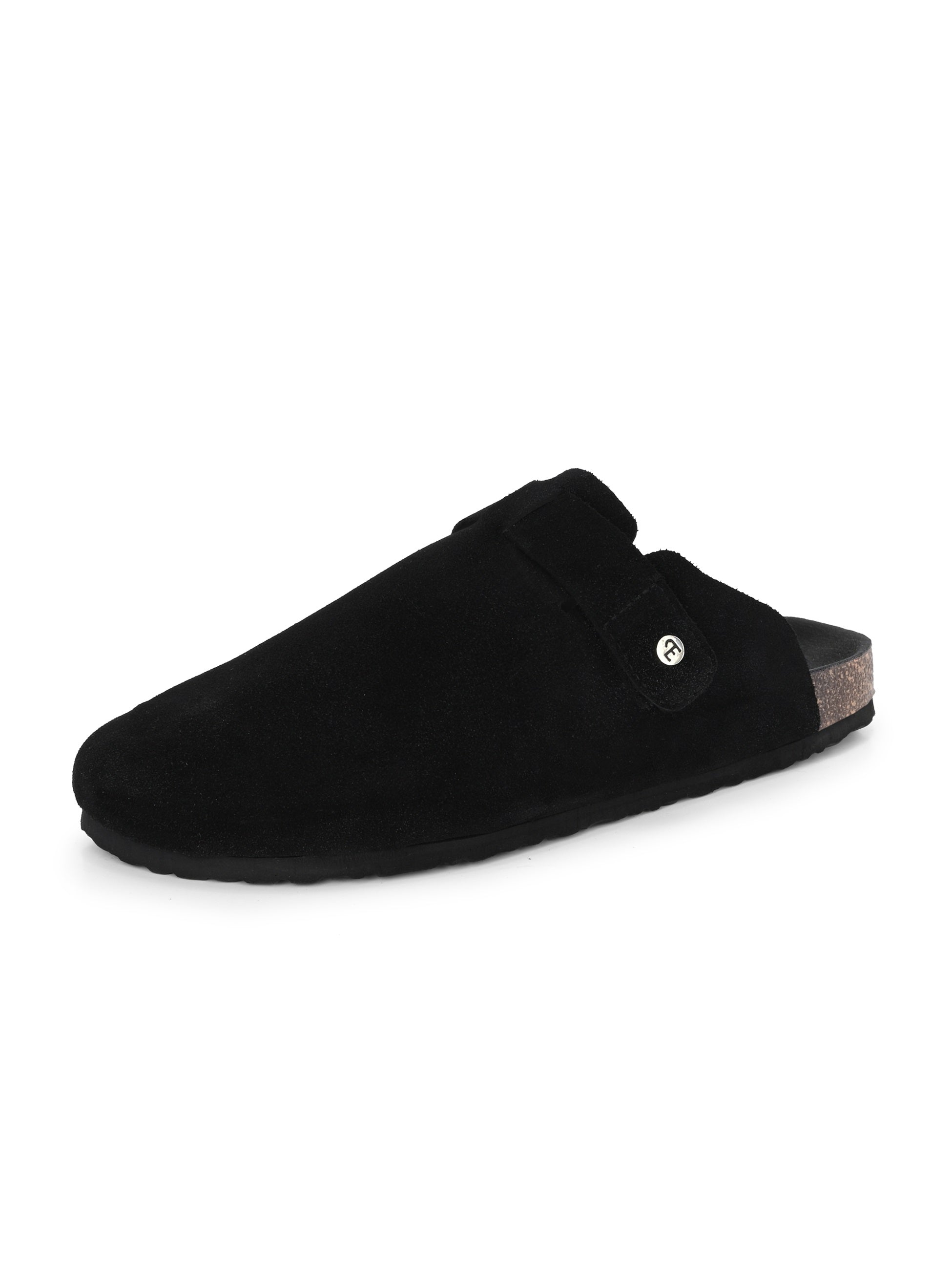 Black suede slip-on clog with a black rubber sole and adjustable strap.