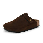 Brown suede slip-on clog with a black rubber sole and adjustable strap.