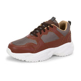 Men's brown and grey mesh sneakers with a chunky white sole.