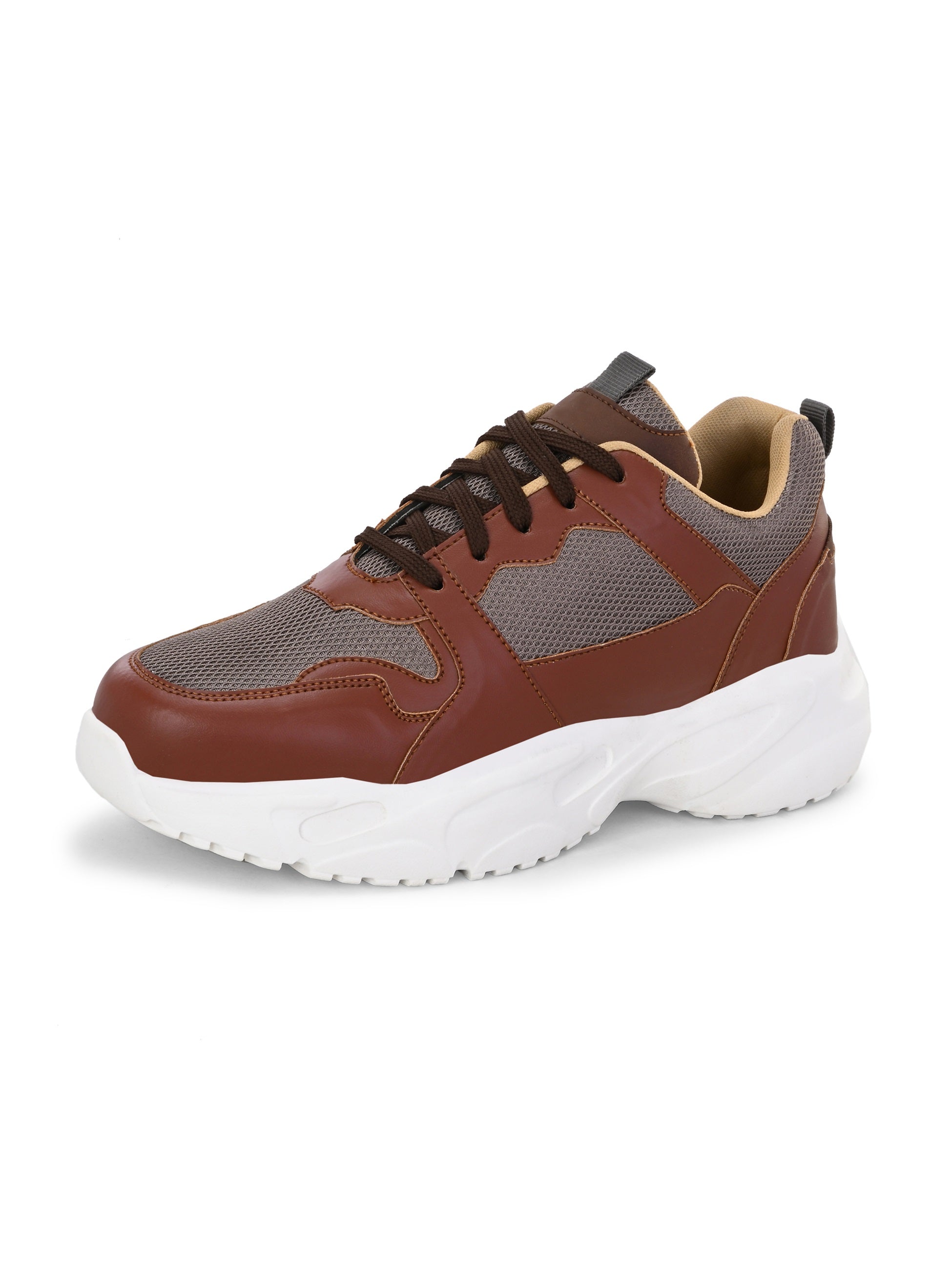 Men's brown and grey mesh sneakers with a chunky white sole.